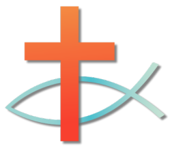 image of an orange cross in front of the outline of a fish, symbols representing Protestant Christianity