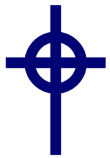 image of a dark blue cross that has a circle intersecting the horizontal and vertical lines of the cross, symbol of Catholicism