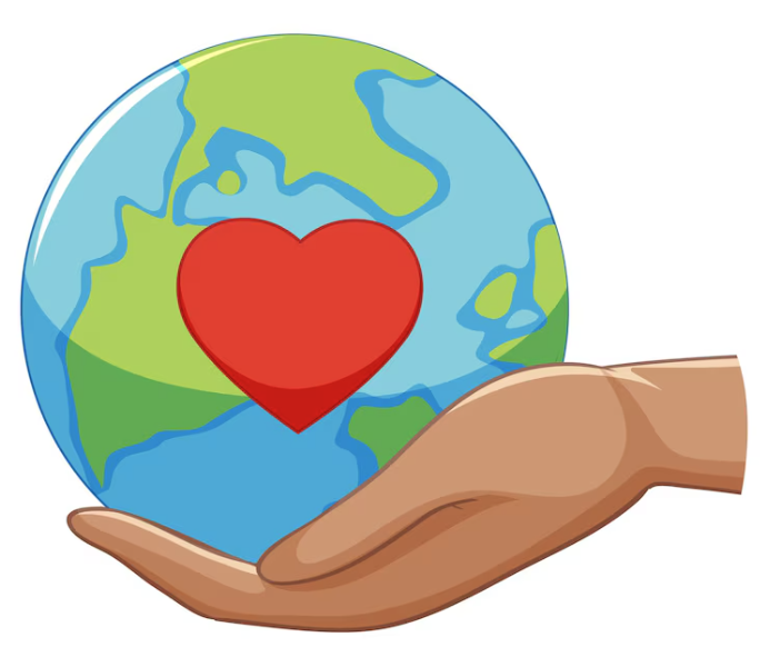 image of a hand holding planet earth with a red heart on it